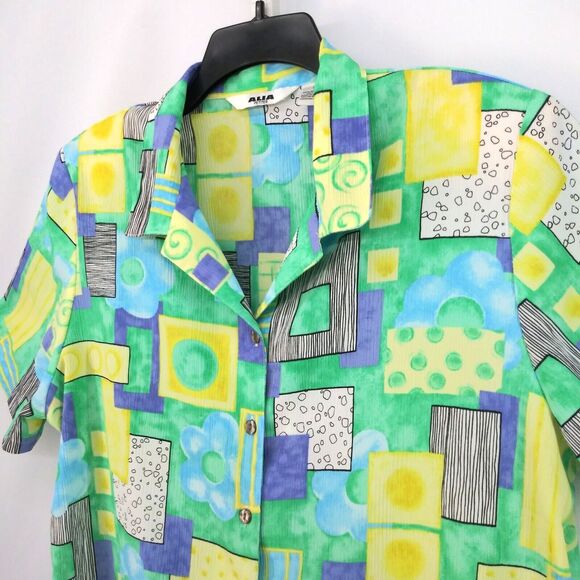 ALIA Shirt Womens Size 16P Multicolor Floral Blocks Short Sleeve Button Up Top - Picture 2 of 6